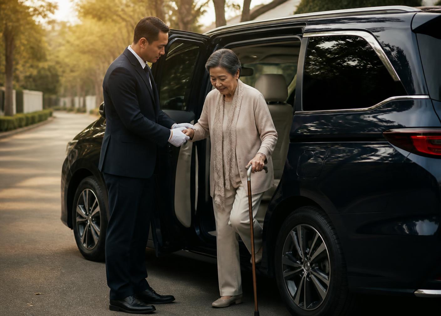 A Brief Ride driver assisting an older passenger out of a dark navy premium van on a quiet residential street